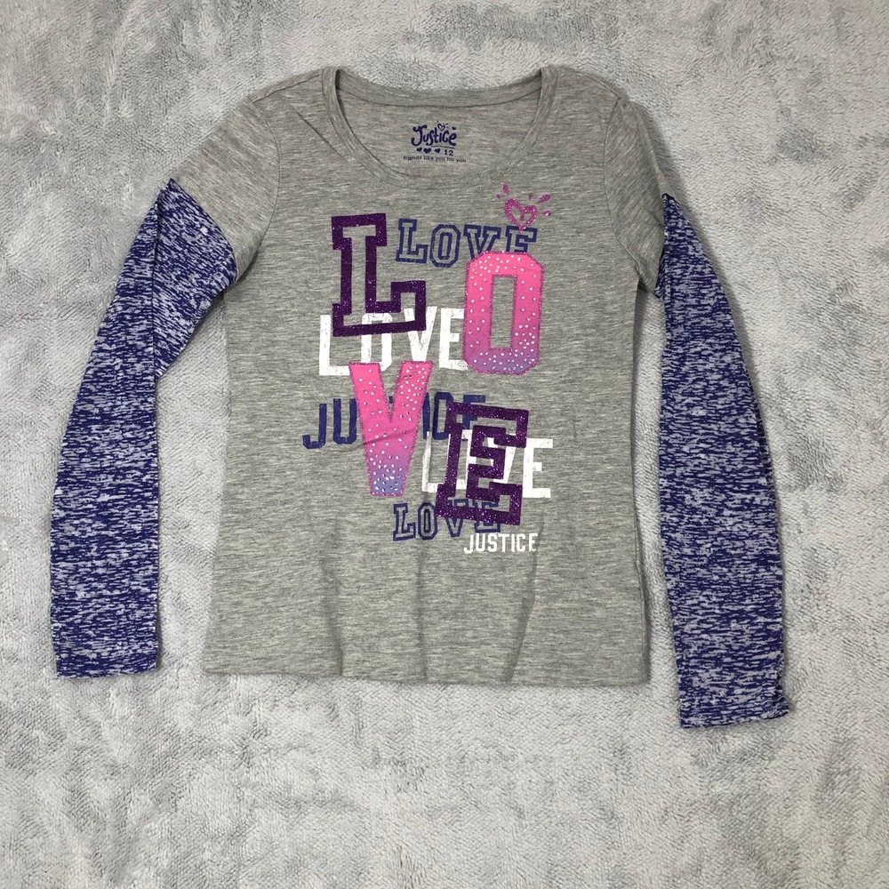 Justice Graphic Tee Girls 12 Grey Pink Purple Glitter Love Long Sleeve Shirt